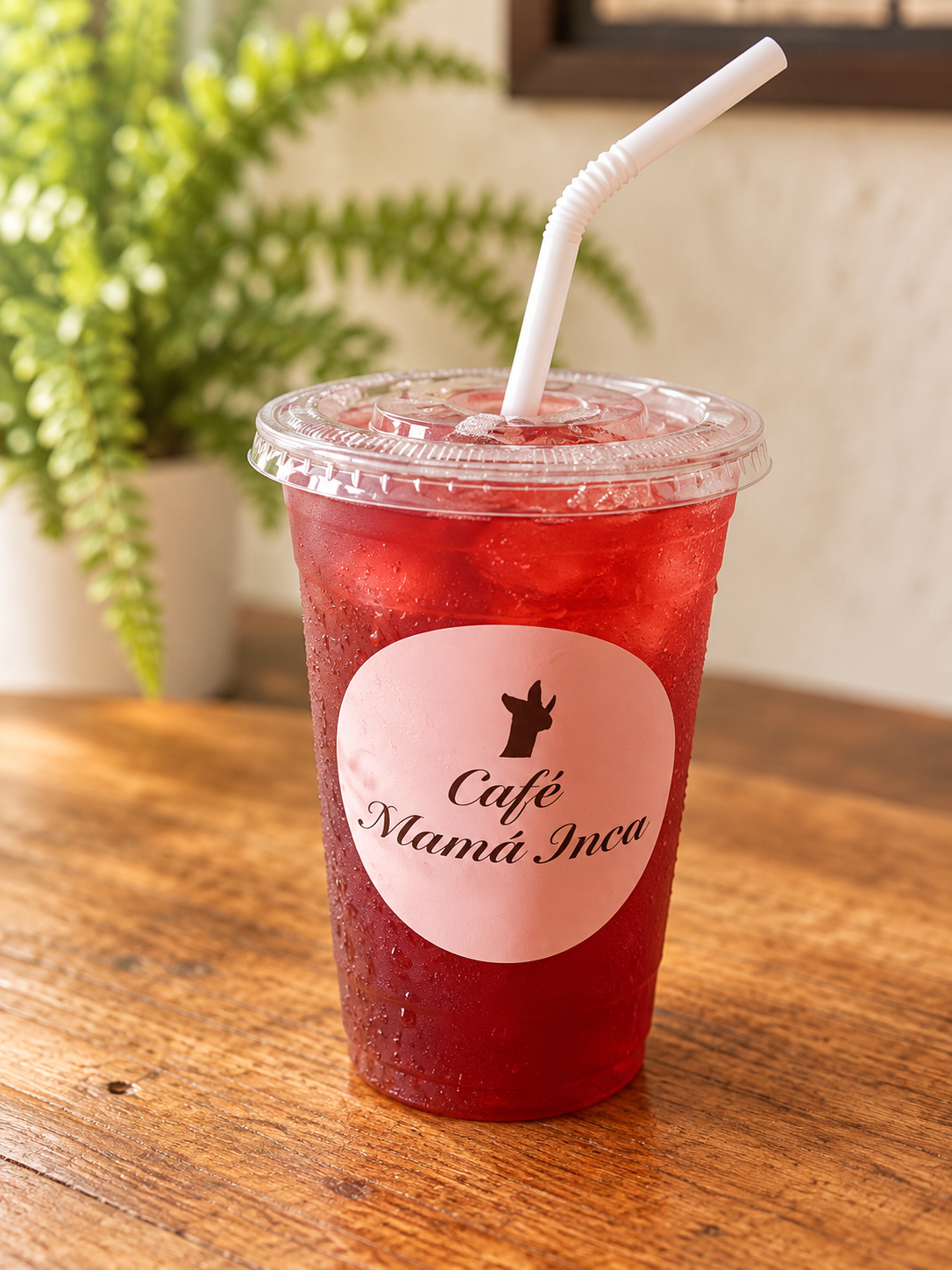 A red iced drink in a pink Café Mamá Inca branded cup