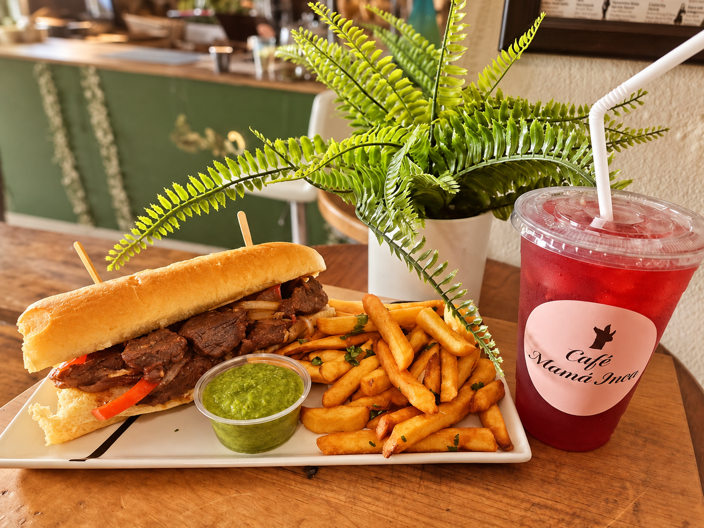 Mamá Inca saltado sandwich with fries, green sauce, and an iced drink